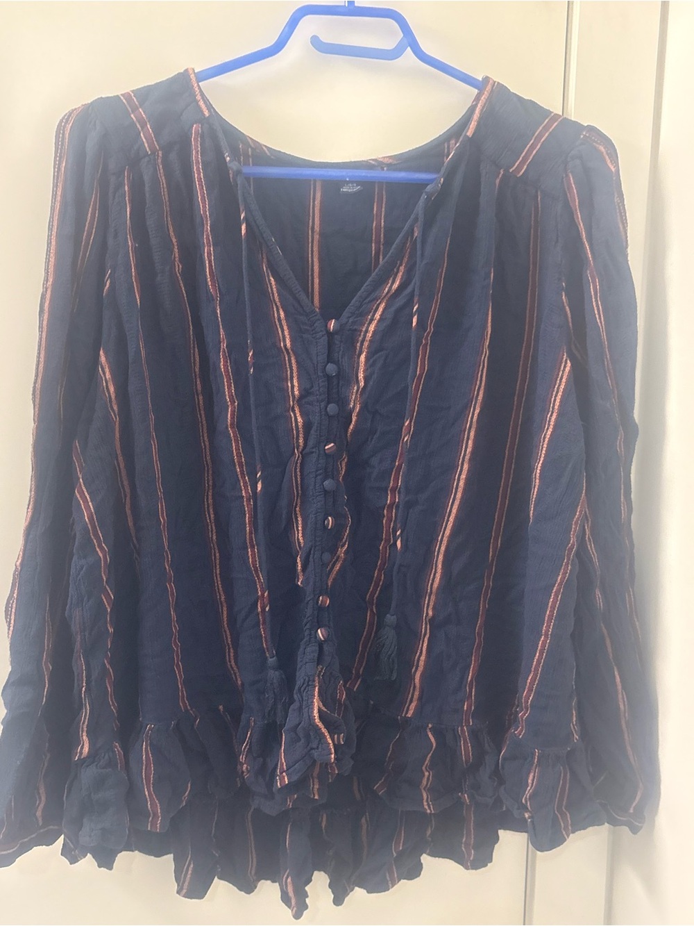Women's Navy Blue Striped Button-Front Blouse